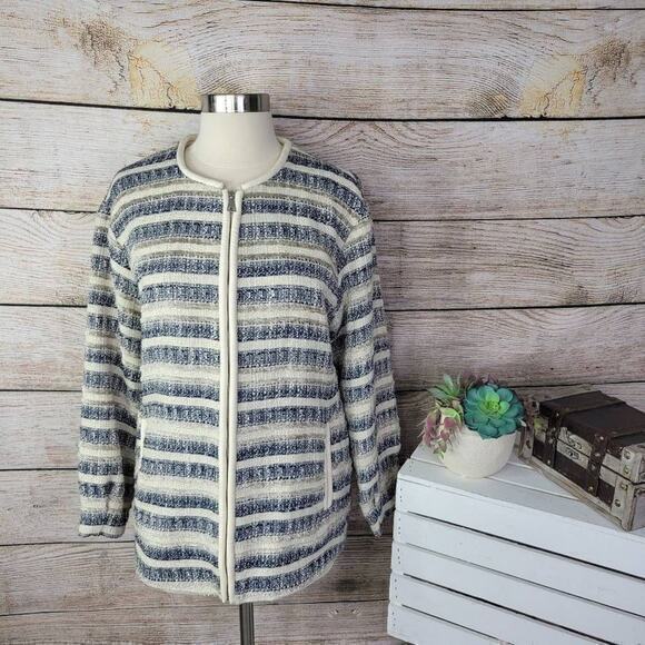 H&M Women's Stripe Polyester Full Zip Jacket Blue & Cream Size 8 - Picture 1 of 7